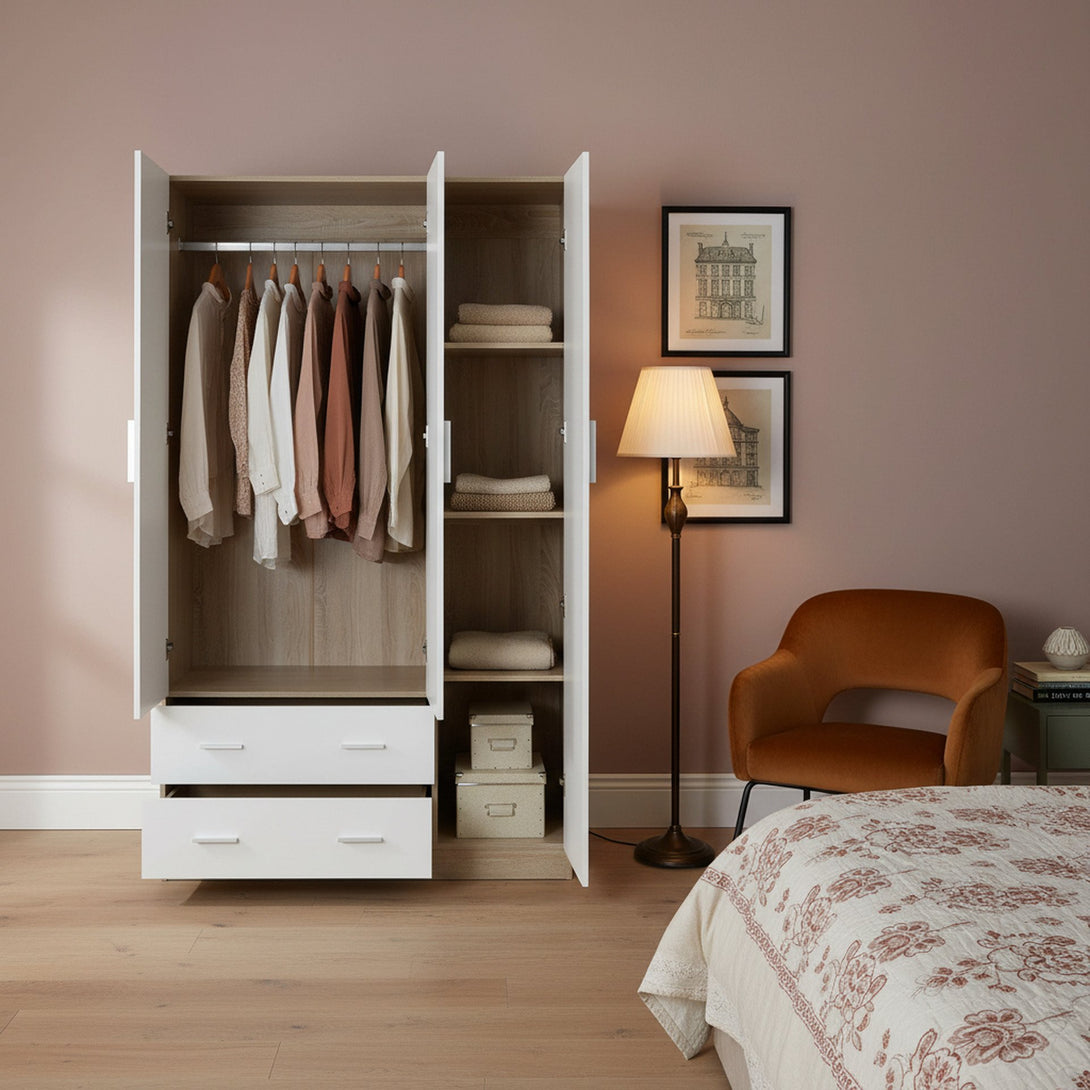 Bram 3 Door Wardrobe Cabinet with Mirror - Oak + White