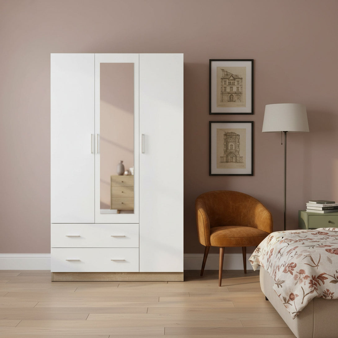Bram 3 Door Wardrobe Cabinet with Mirror - Oak + White