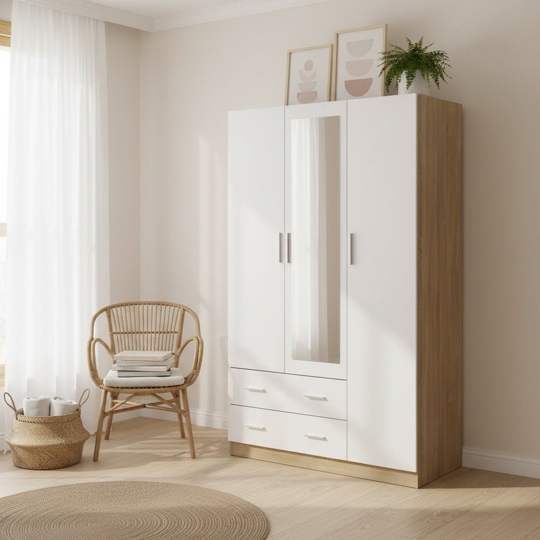 Bram 3 Door Wardrobe Cabinet with Mirror - Oak + White