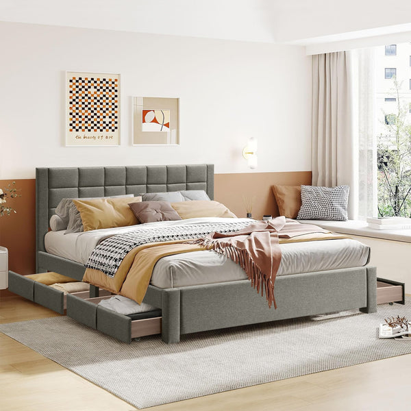 Denali Super King Bed Frame with 4 Drawers - Light Grey