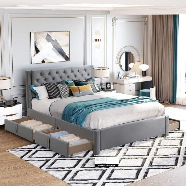 Montana Queen Bed Frame with 4 Drawers - Grey