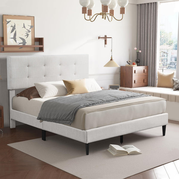 Mitre Queen Fabric Bed Frame - Stone