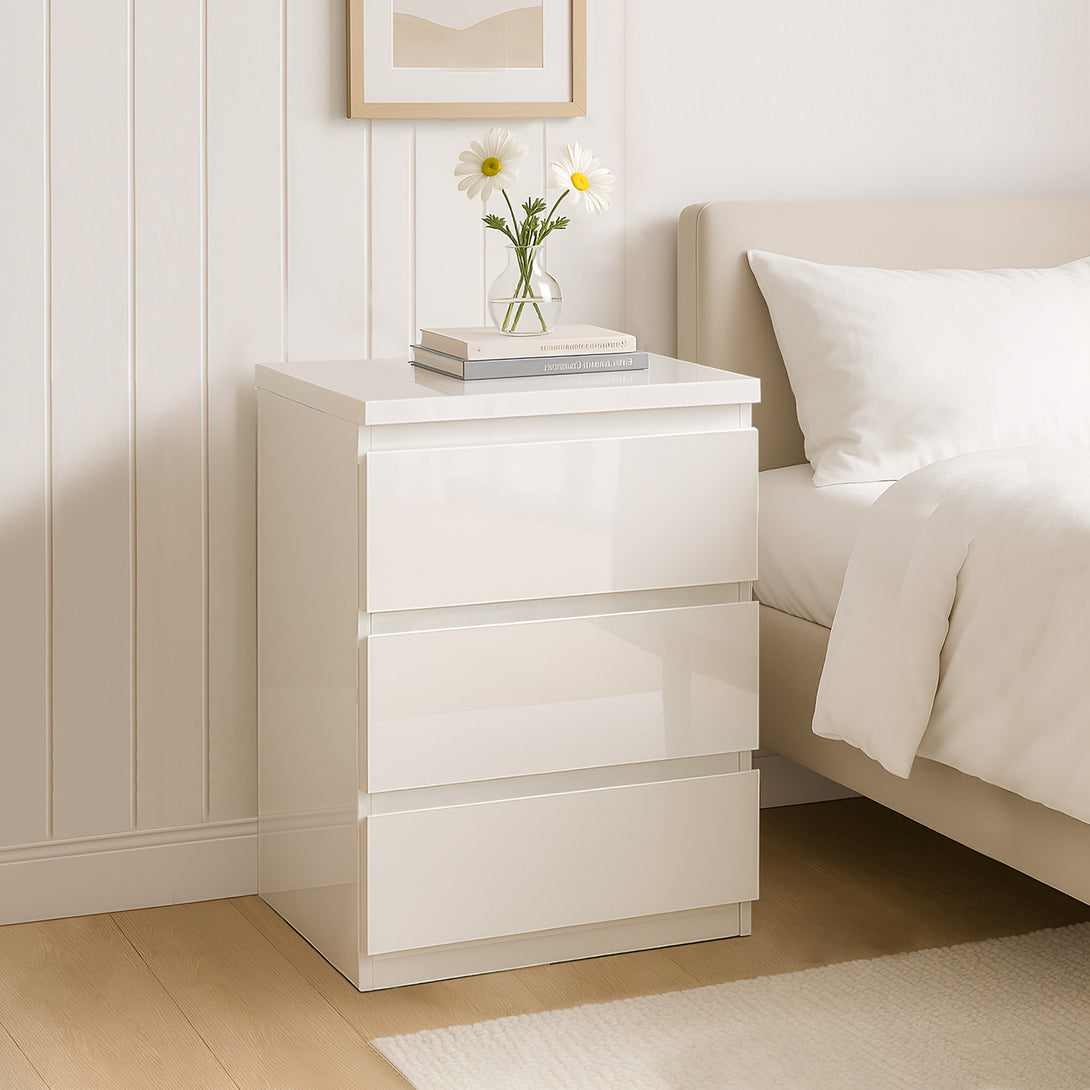 ANGELES High Gloss Bedside Table with 3 Drawers - WHITE