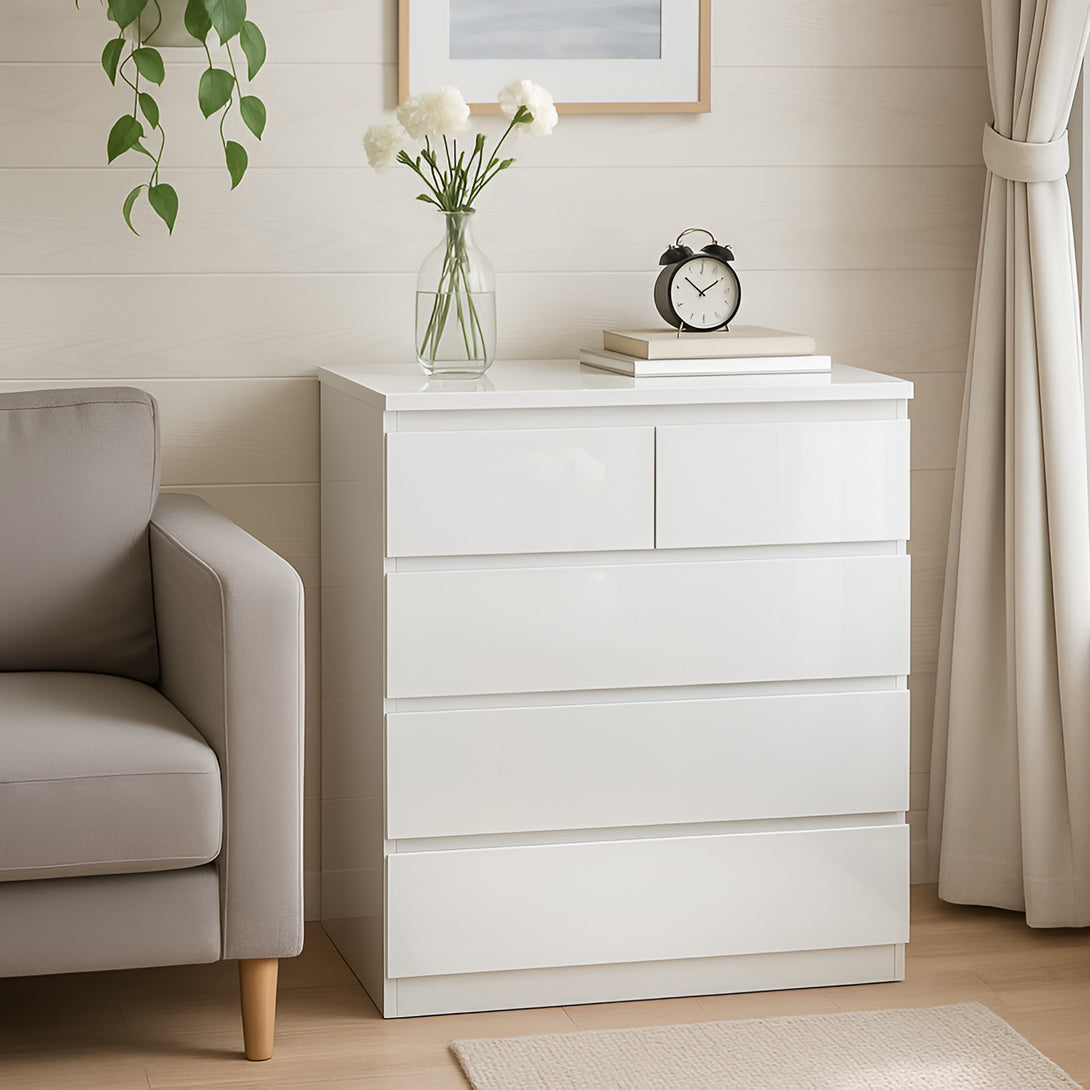 ANGELES High Gloss 5 Drawer Tallboy - WHITE