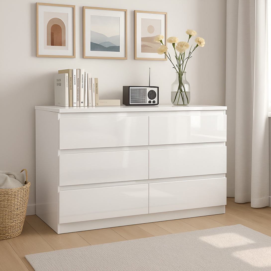 ANGELES High Gloss 6 Drawer Lowboy - WHITE