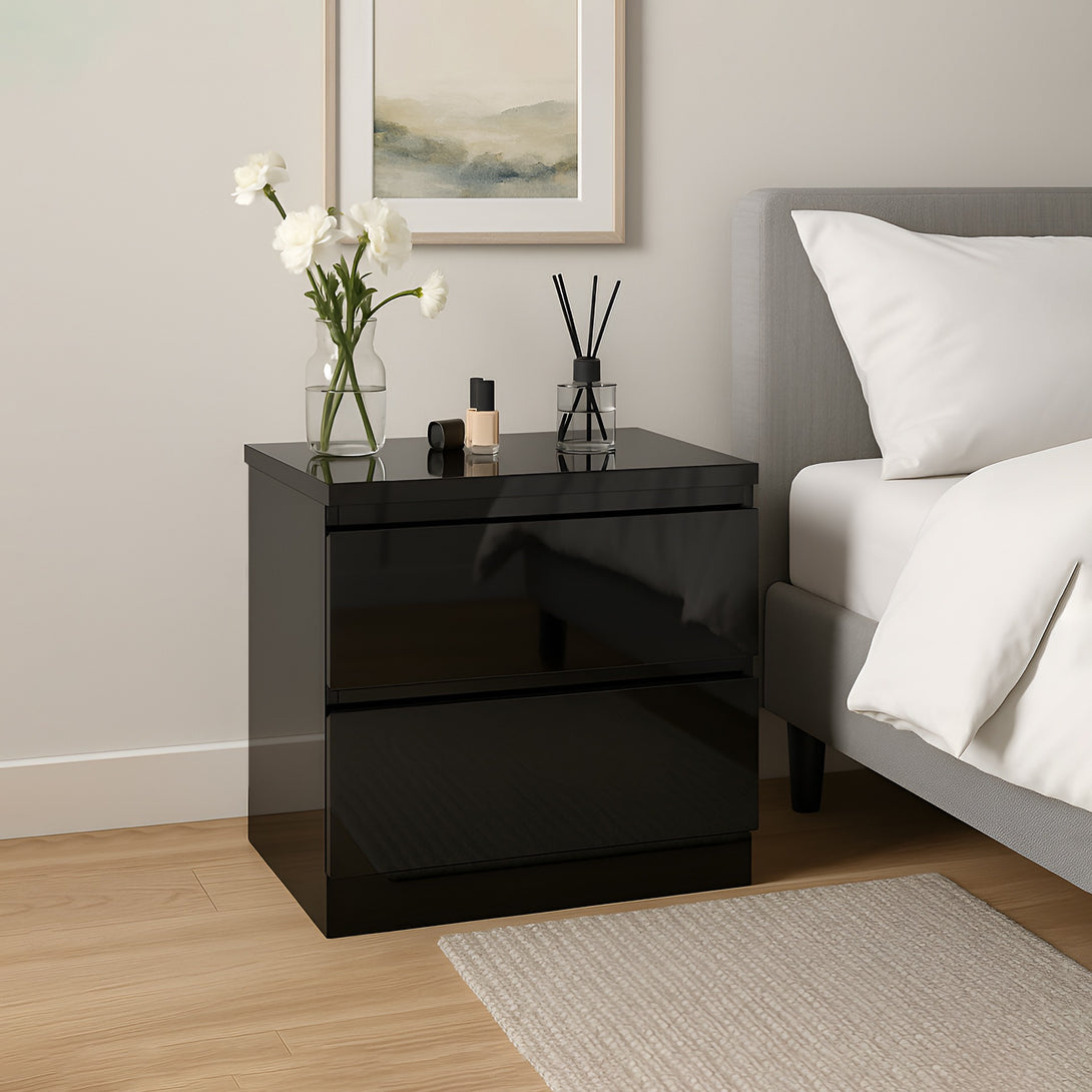 ANGELES High Gloss Bedside Table with 2 Drawers - BLACK