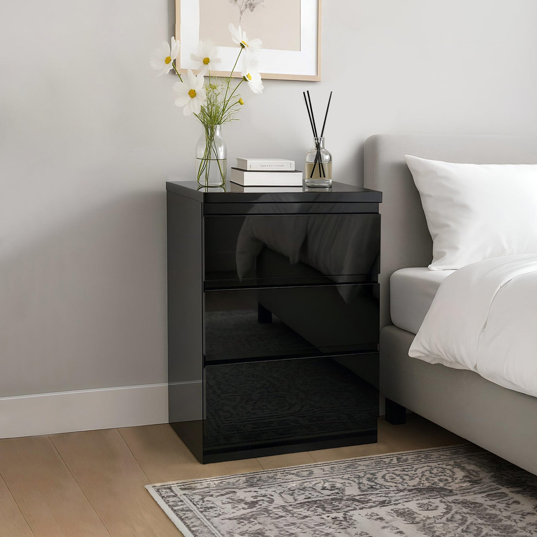 ANGELES High Gloss Bedside Table with 3 Drawers - BLACK