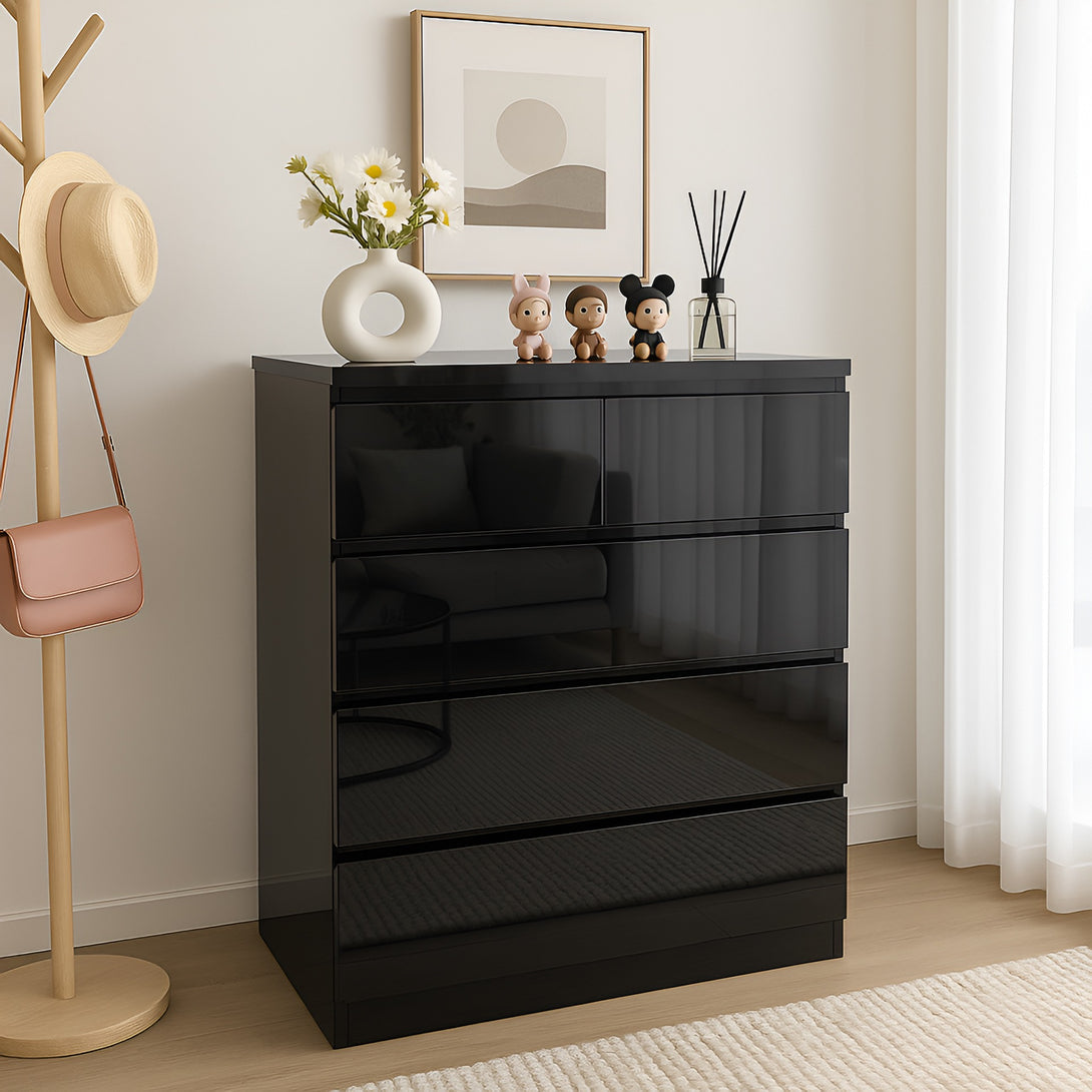 ANGELES High Gloss 5 Drawer Tallboy - BLACK