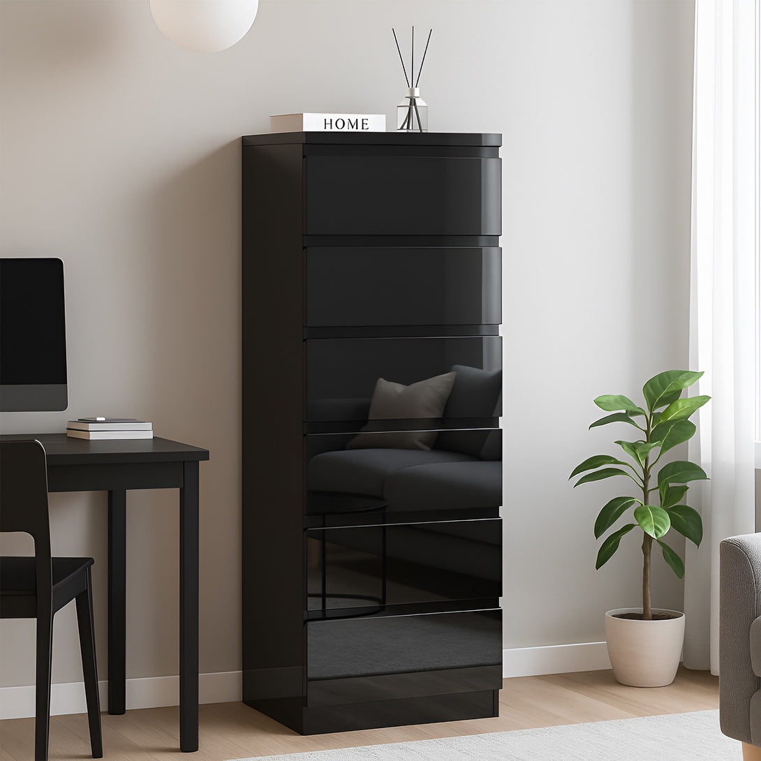 ANGELES High Gloss 6 Drawer Slim Tallboy - BLACK
