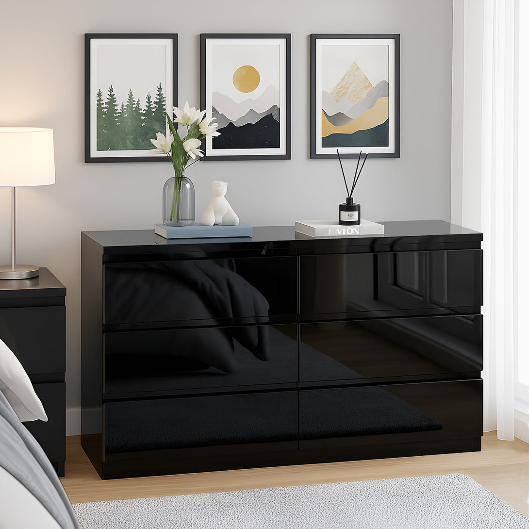 ANGELES High Gloss 6 Drawer Lowboy - BLACK