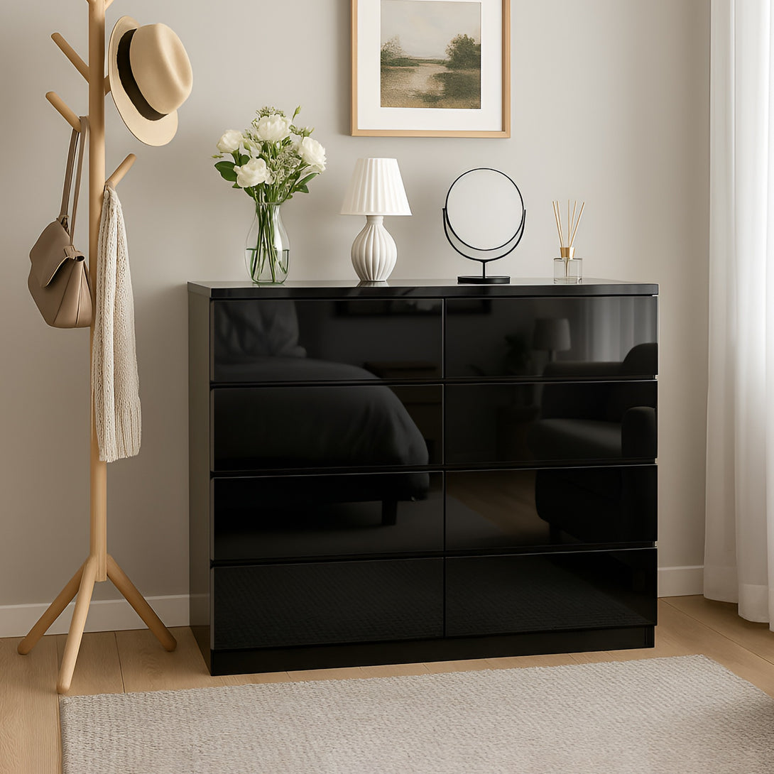 ANGELES High Gloss 8 Drawer Lowboy - BLACK