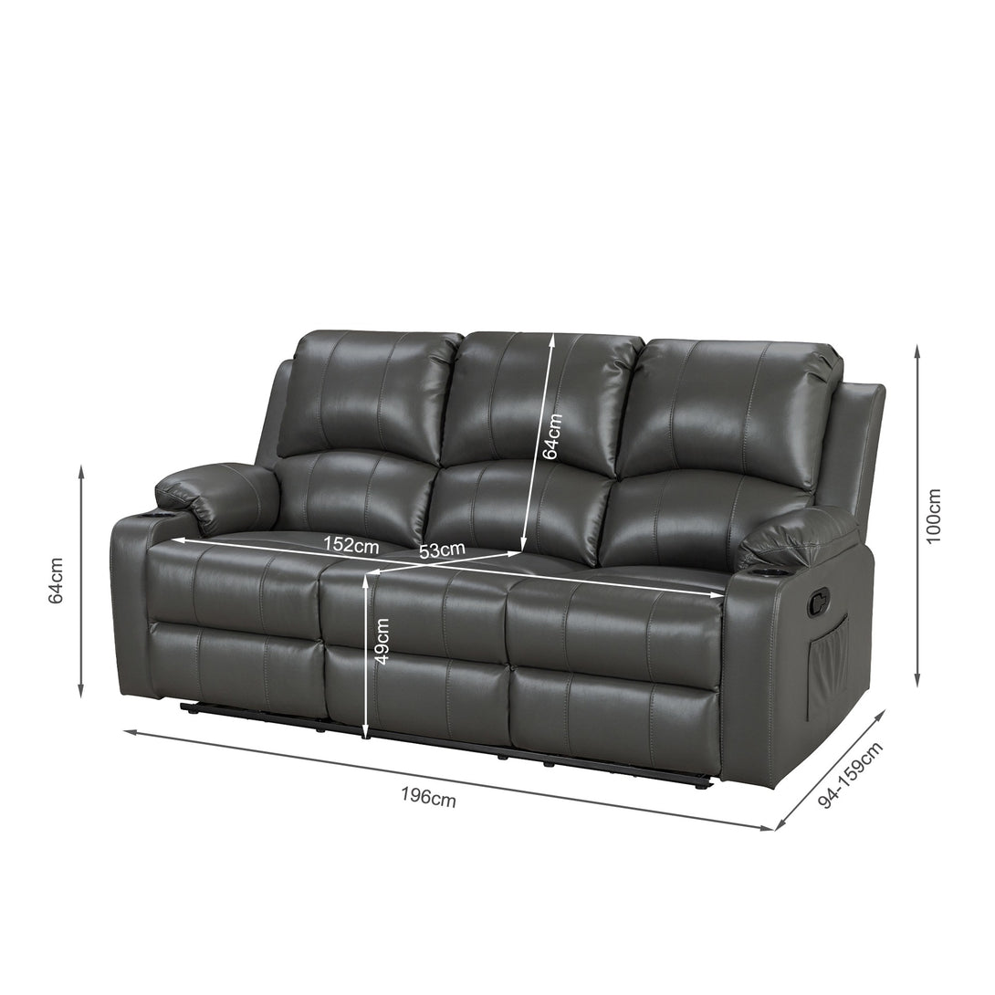 Henley Air Leather Manual 3 Seater Recliner Sofa - Grey