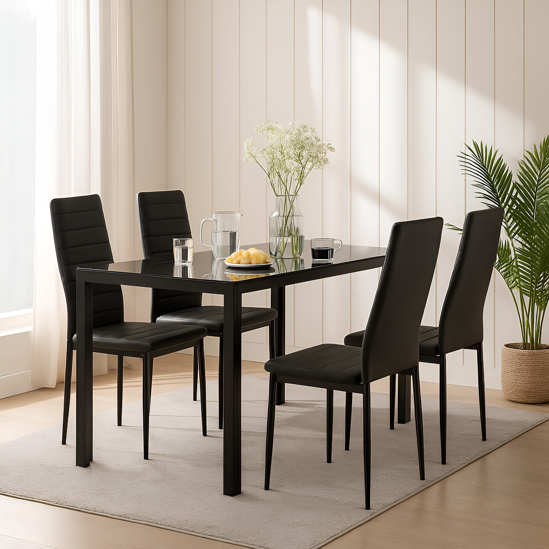 Samuel glass-top dining set in a bright NZ dining room; light oak floor, neutral wall, clean geometry, and slim steel frame creating visual lightness.