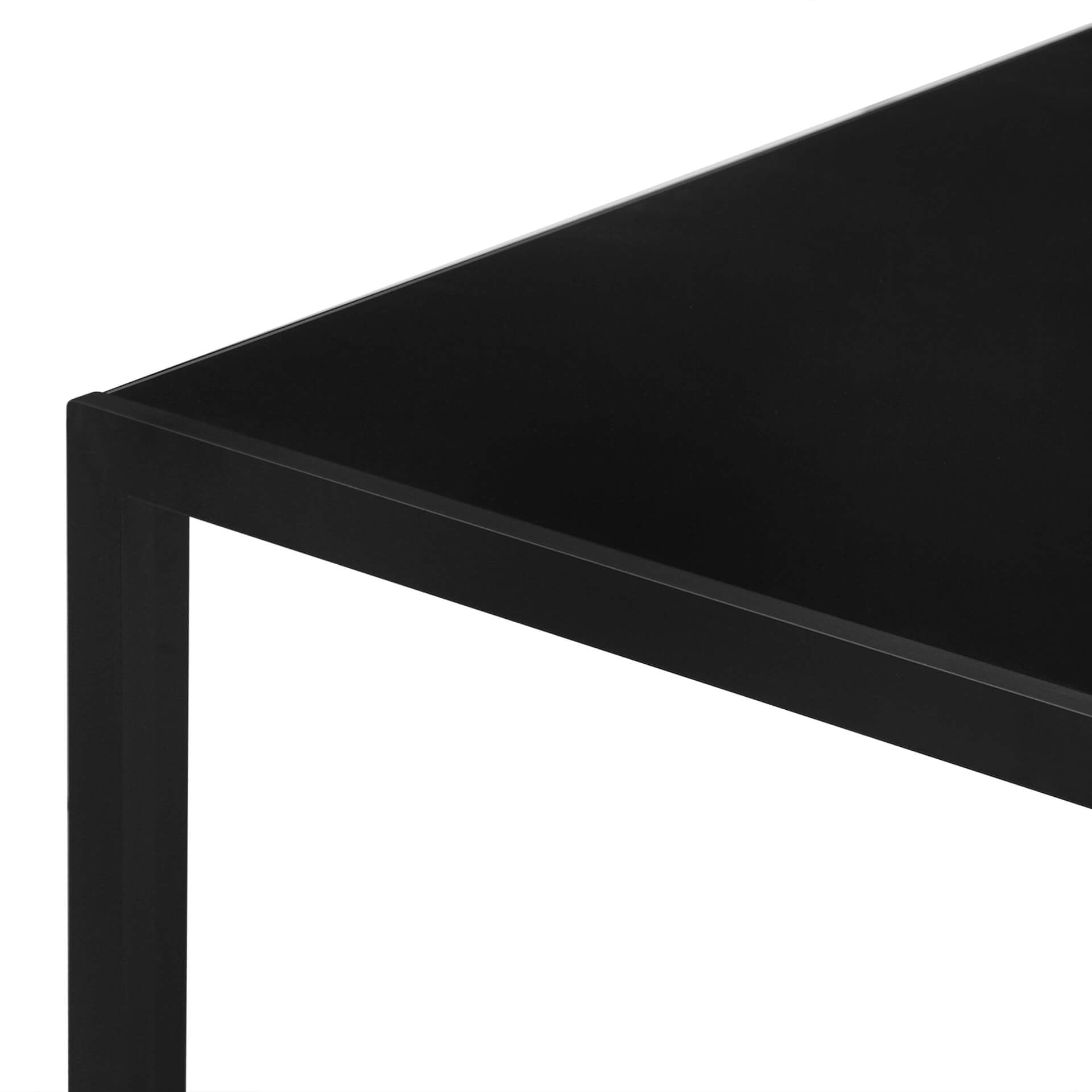 Macro detail of Samuel tempered glass edge, powder-coated steel junction, and PU dining chair stitching; proportion and finish quality visible.