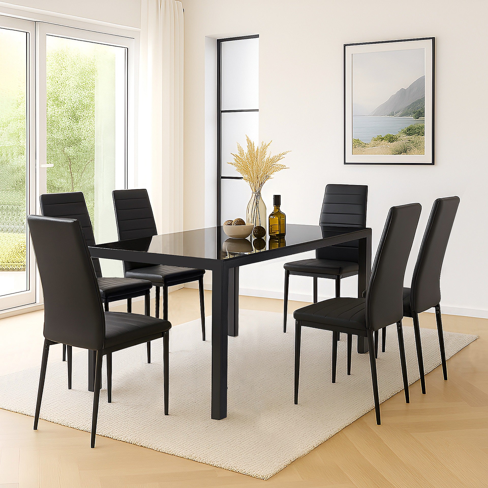 Two Samuel dining sets in one open-plan space: 1200 mm white 4-seater and 1600 mm black 6-seater, showing scale options for different home sizes.