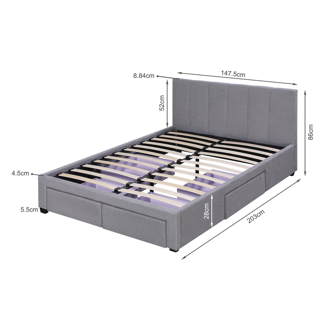 Charlotte Double Bed Frame with 4 Drawers - Light Grey