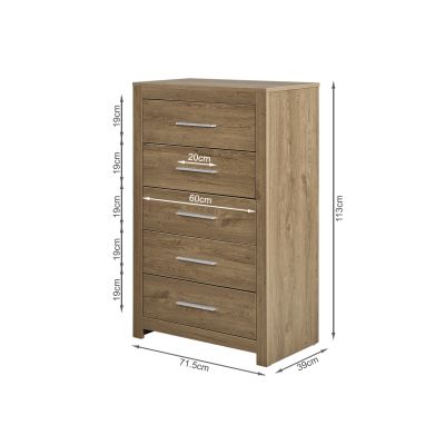 Vicente Wooden Tallboy 5 Drawers - Oak