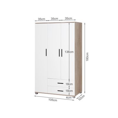 Bram 3 Door Wardrobe with 2 Drawers - Oak + White