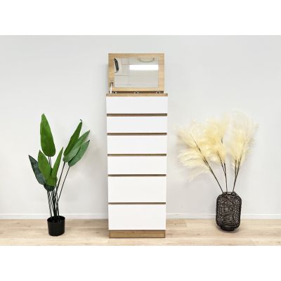 Harris 6 Drawer Tallboy with Mirror - Oak + White