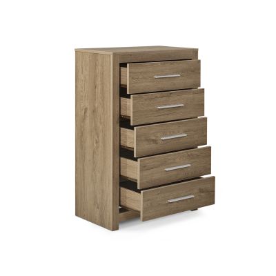 Vicente Wooden Tallboy 5 Drawers - Oak
