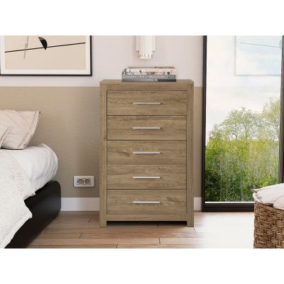 Vicente Wooden Tallboy 5 Drawers - Oak