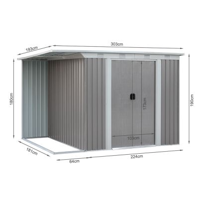 TOUGHOUT Garden Shed with Side Canopy 3.03M x 1.93M x 1.9M GREY