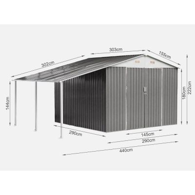 TOUGHOUT Garden Shed with Side Canopy 4.40M x 3.03M x 2.22M GREY