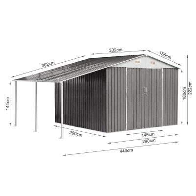 TOUGHOUT Garden Shed with Side Canopy 4.40M x 3.03M x 2.22M GREY