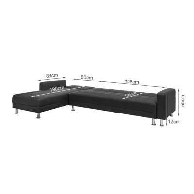 Minnesota 5 Seater Sofa Bed Futon with Chaise - Black