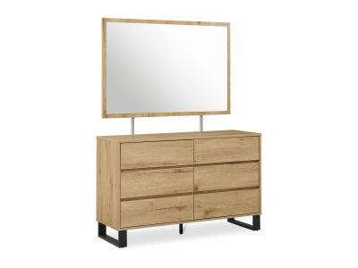 Frohna Low Boy 6 Drawers Chest Dresser with Mirror - Oak