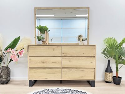 Frohna Low Boy 6 Drawers Chest Dresser with Mirror - Oak