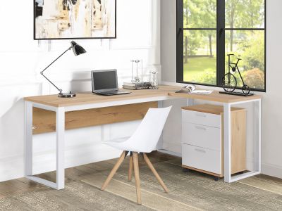 Nakia Computer Corner Desk with Filing Cabinet - Oak + White