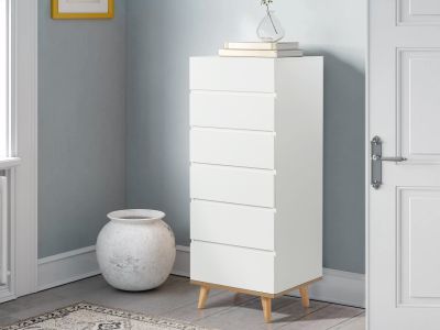 Hudson Wooden Slim Tallboy 6 Drawers - White 