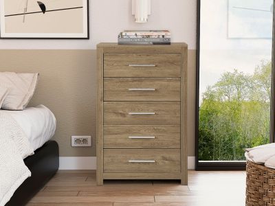 Vicente Wooden Tallboy 5 Drawers - Oak