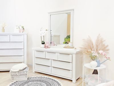 LINCOLN Soild Wood 7 Drawer Dresser with Mirror - WHITE