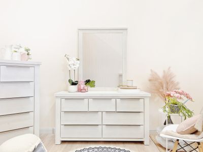 LINCOLN Soild Wood 7 Drawer Dresser with Mirror - WHITE