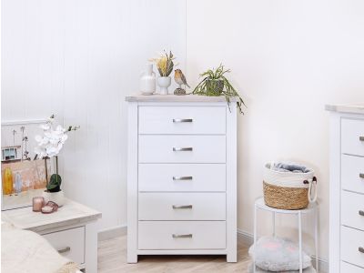 Aurora Solid Wood 5 Drawer Slim Tallboy - White