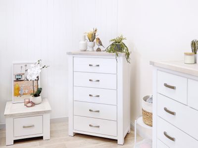 Aurora Solid Wood 5 Drawer Slim Tallboy - White