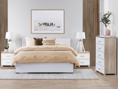 BRAM Bedroom Storage Package with Tallboy 5 Drawers - OAK + WHITE