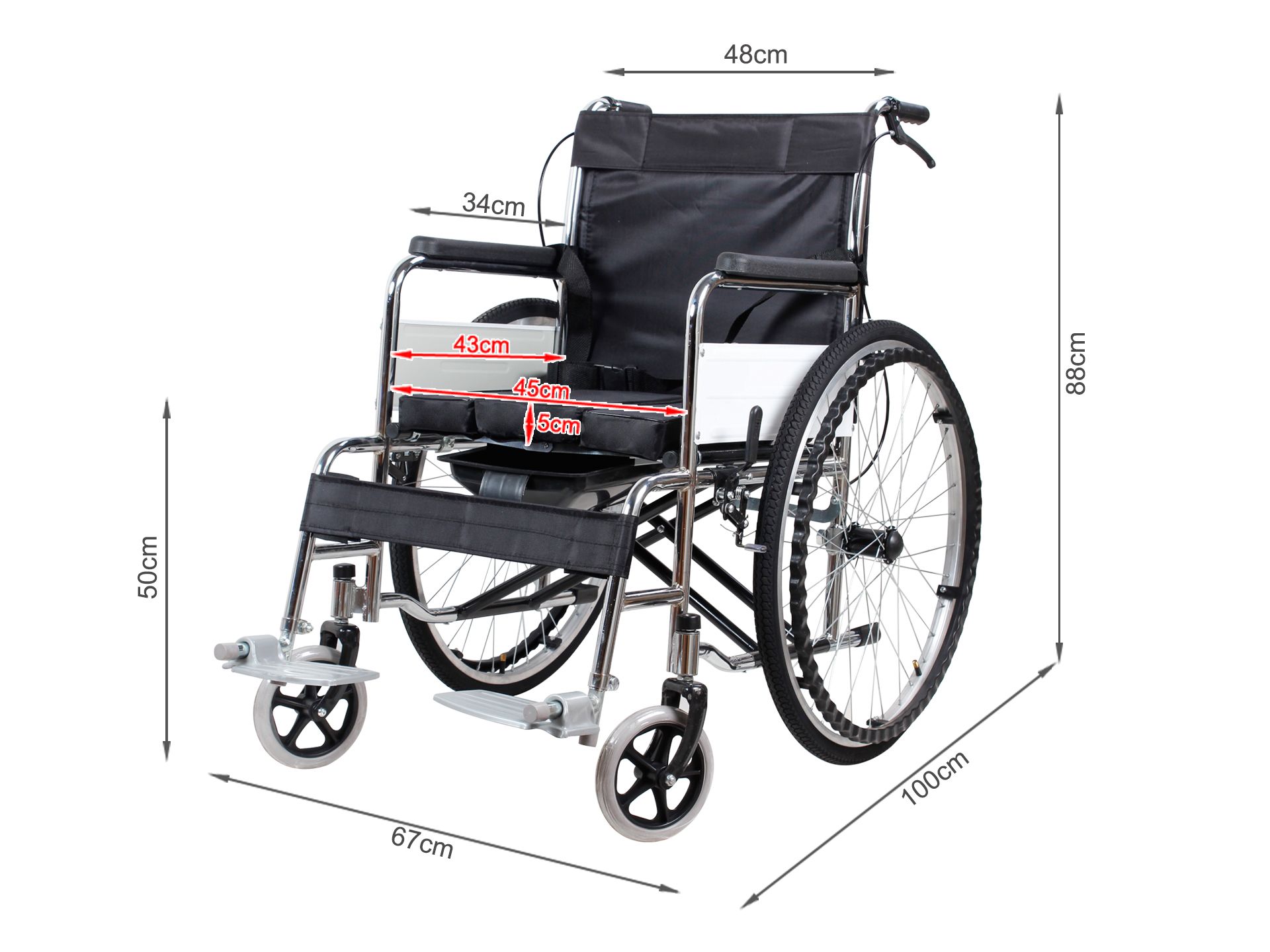 Self-Propelled Wheelchair with Toilet - Black