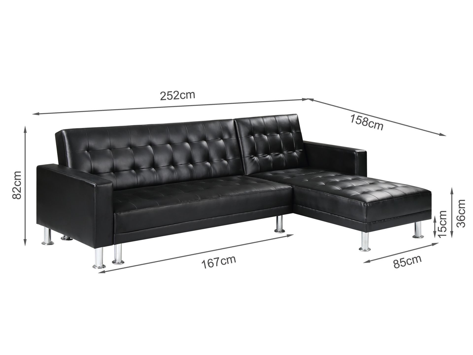 Colorado 3 Seater Sofa Bed Futon with Chaise - Black