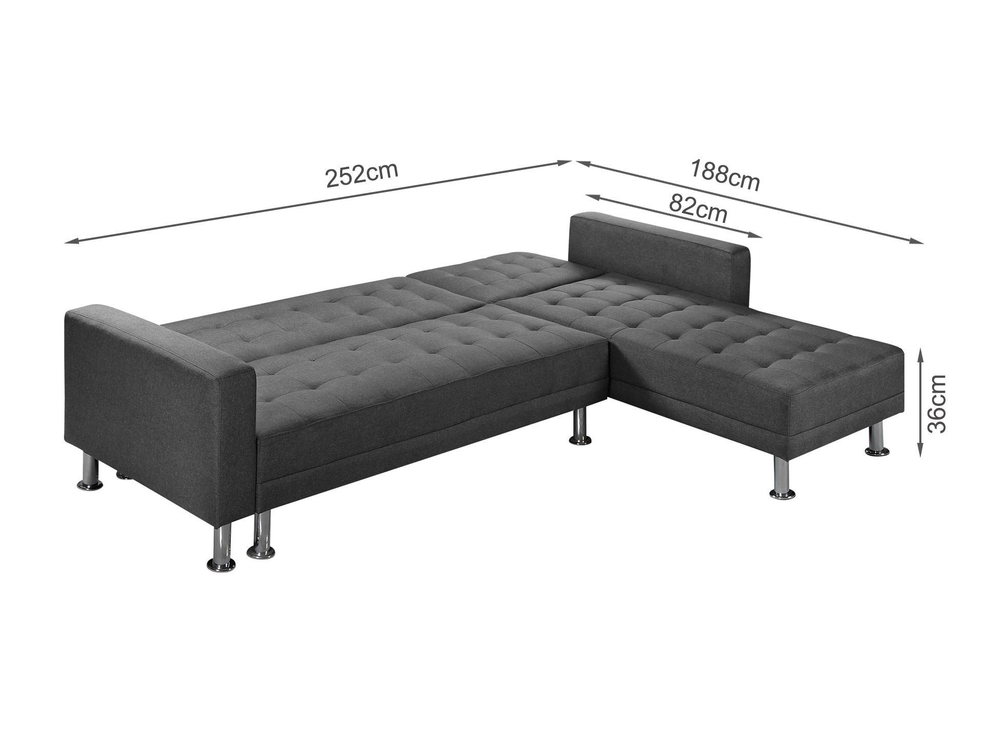 Colorado 3 Seater Sofa Bed Futon with Chaise - Dark Grey