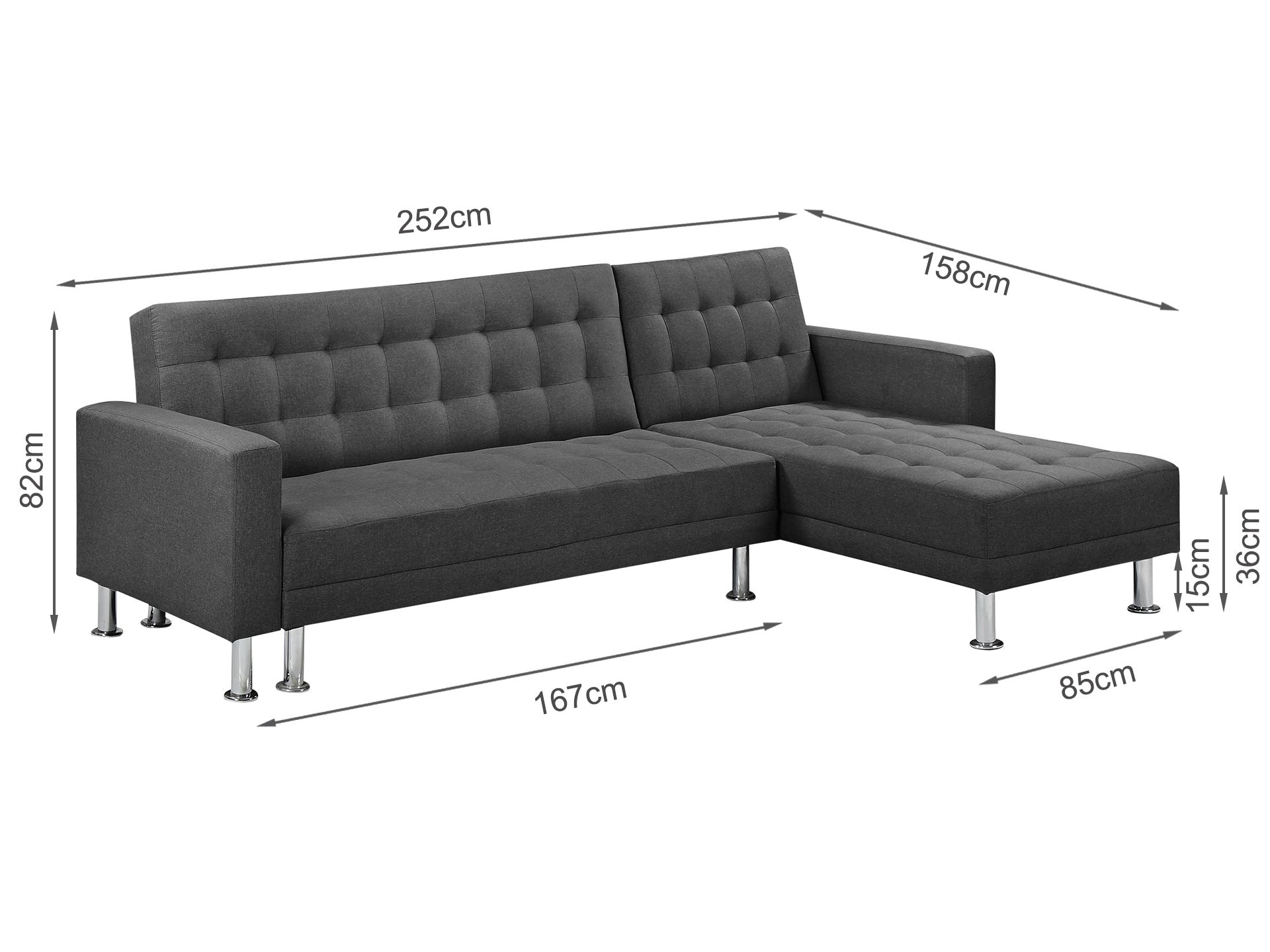 Colorado 3 Seater Sofa Bed Futon with Chaise - Dark Grey