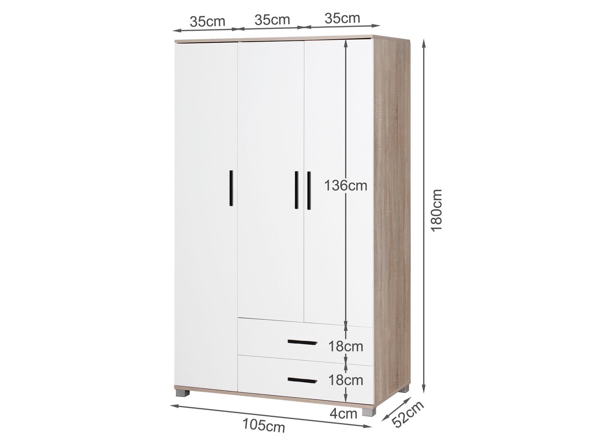 Bram 3 Door Wardrobe with 2 Drawers - Oak + White