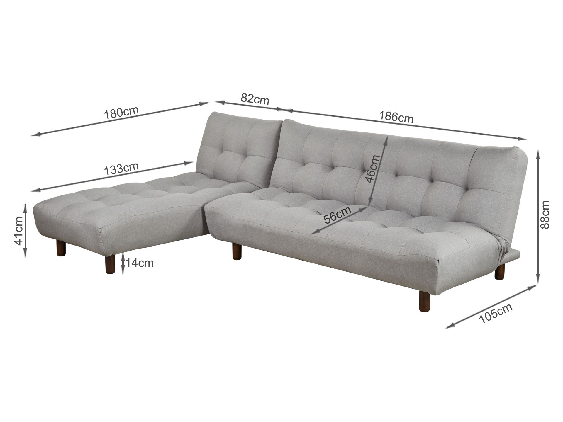 Helena 3 Seater Fabric Sofa Bed Futon with Chaise - Light Grey