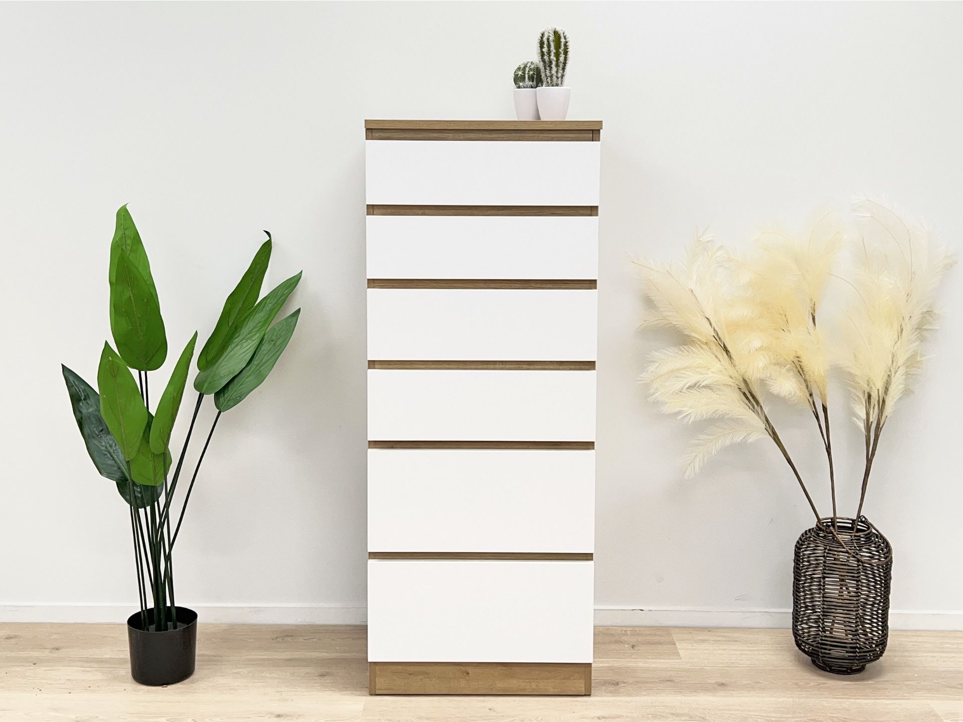 Harris 6 Drawer Tallboy with Mirror - Oak + White
