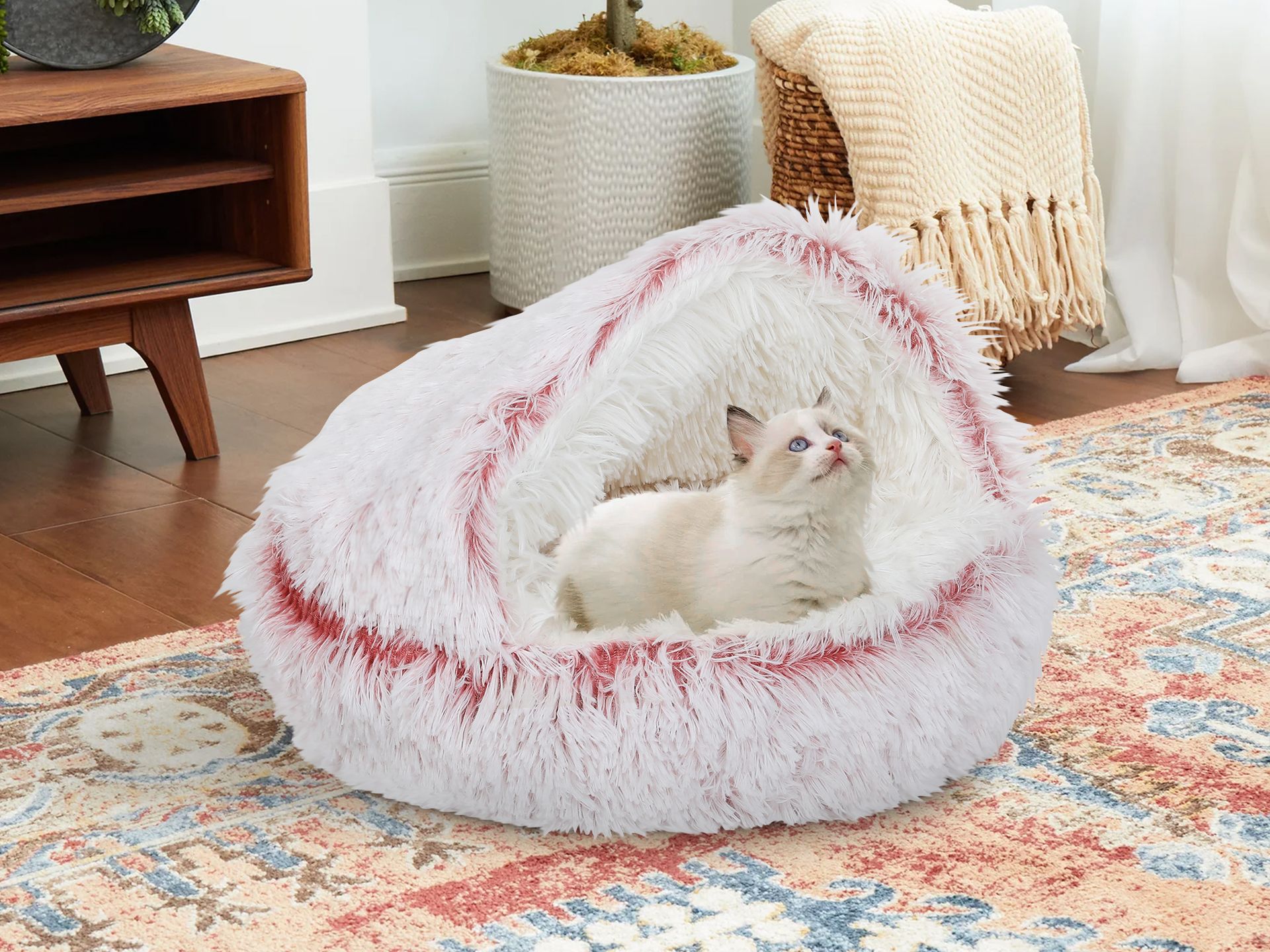 Pink fluffy cat beds sales