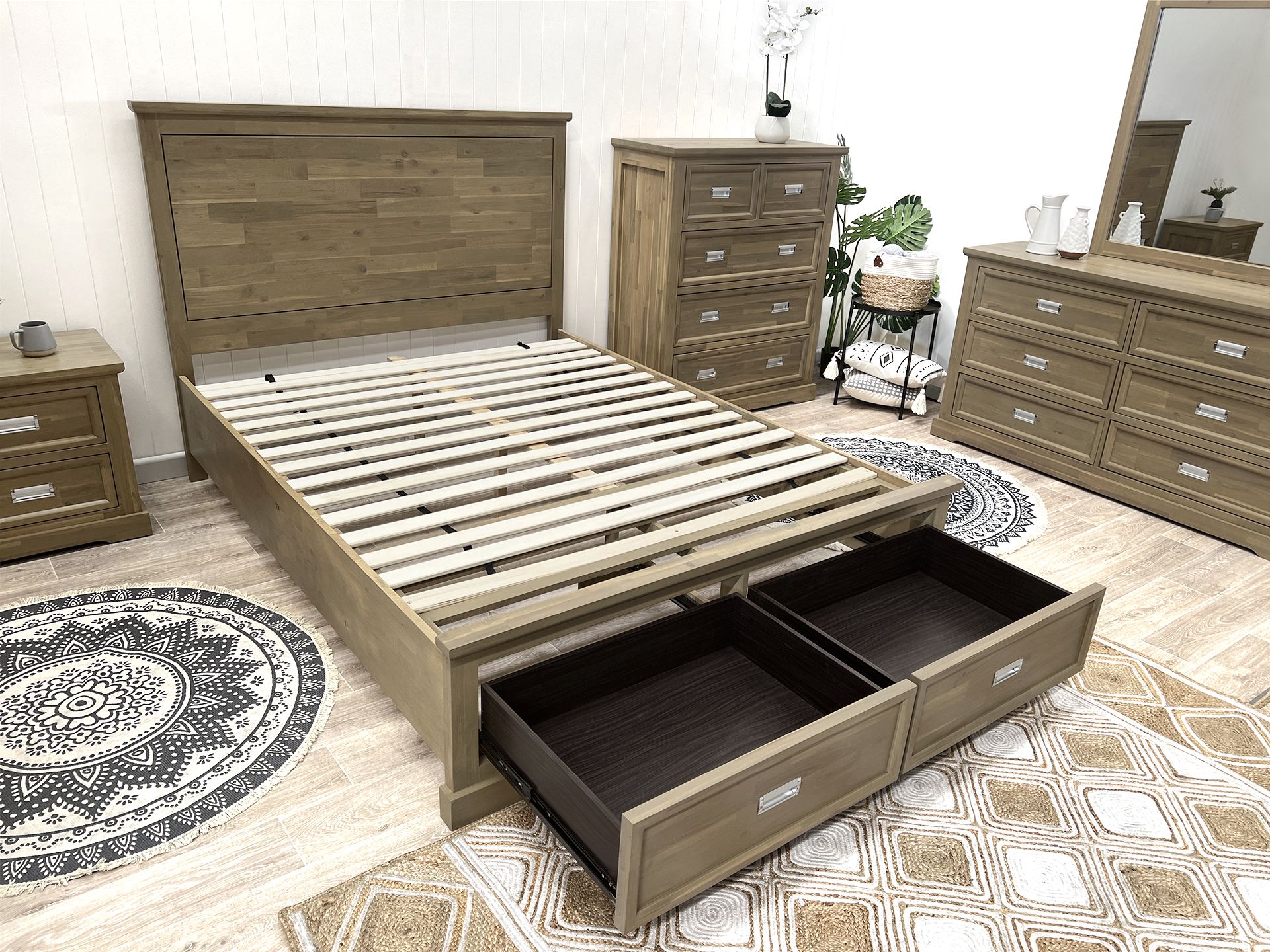 Hadley Solid Wood Queen Bed Frame with Storage Emerland Grey