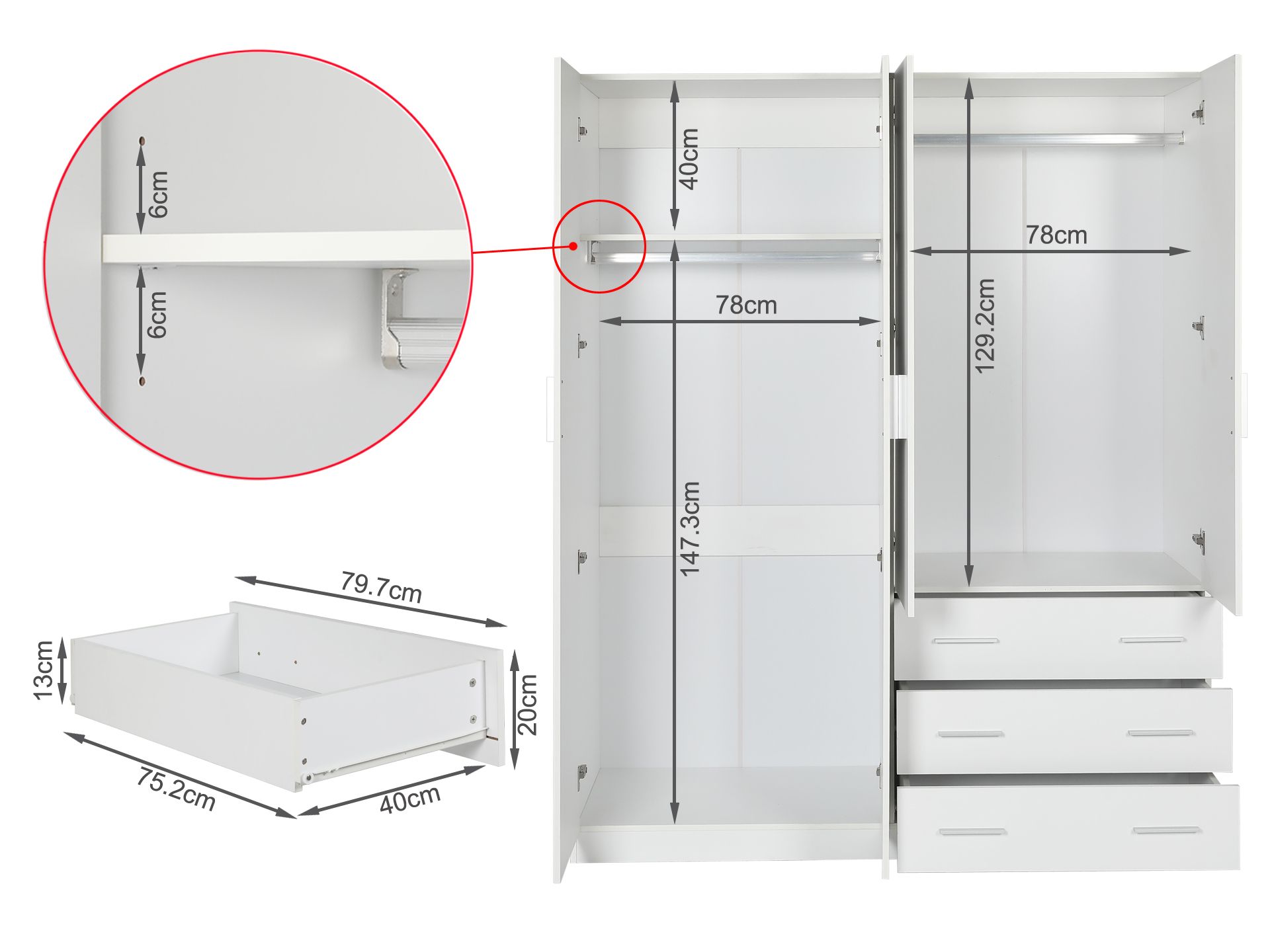 Tongass 4 Door Wardrobe with 3 Drawers White