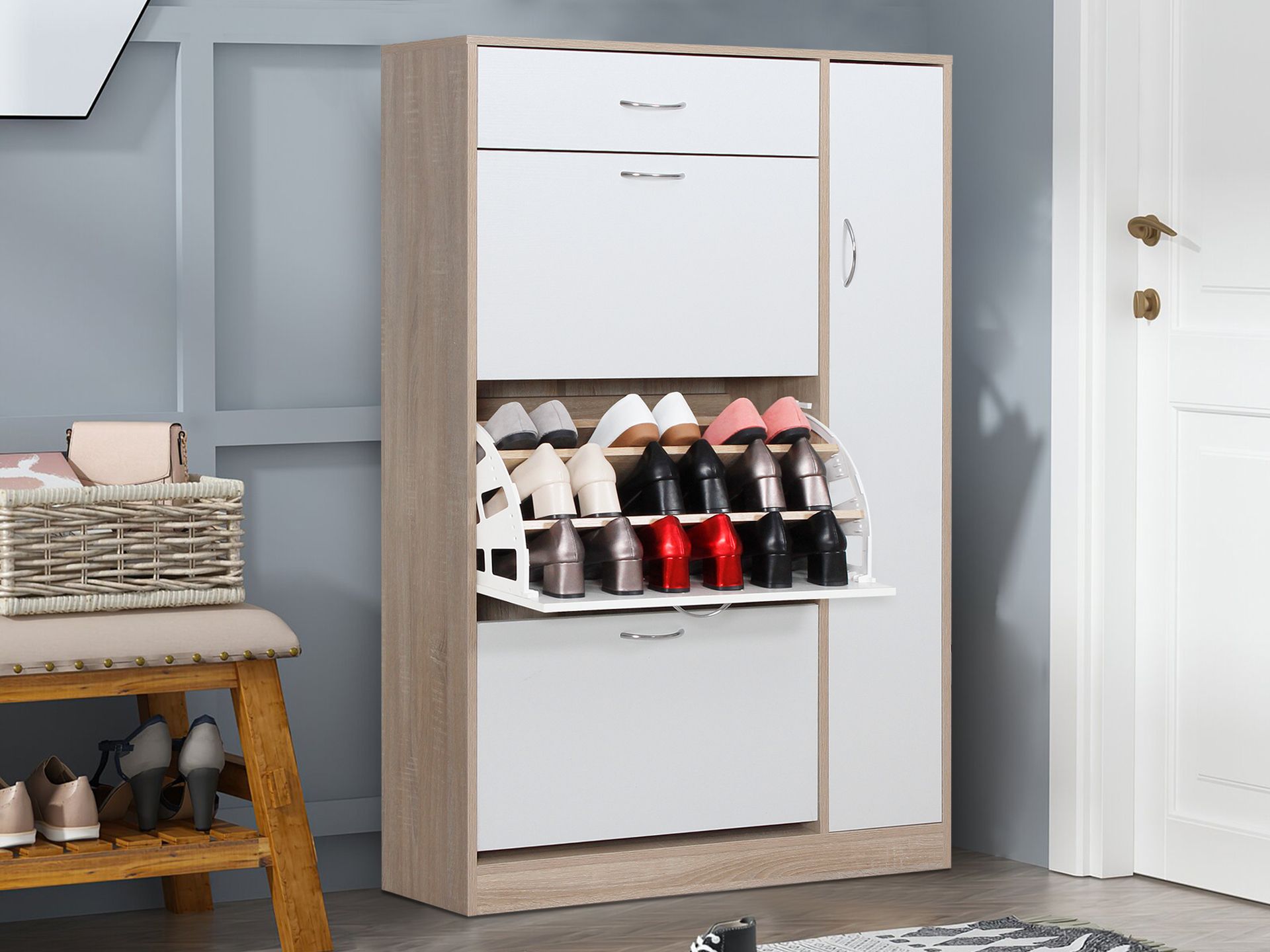 Horotea 4 Drawer Shoe Cabinet Storage - Oak + White